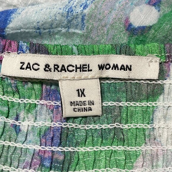 Zac & Rachel OTS Top Blouse Size 1X Blue Green Floral Smocked - Picture 4 of 7